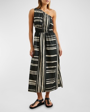 Selani Island Stripe One-Shoulder Midi Dress 