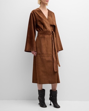 Belted Suede Leather Long Wrap Coat