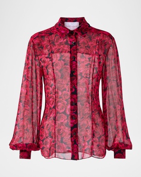 Rose-Print Classic Button-Down Blouse