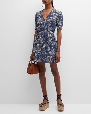 Floral-Print V-Neck Pleated Voile Mini Dress