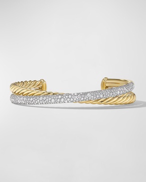 Pave Crossover Two Row Cuff Bracelet with Diamonds in 18K Gold, 10.5mm