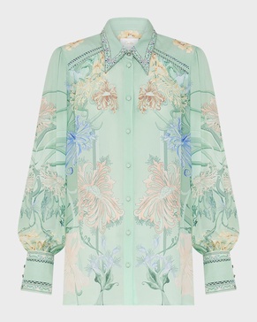 Floral Silk Button-Front Blouson-Sleeve Blouse