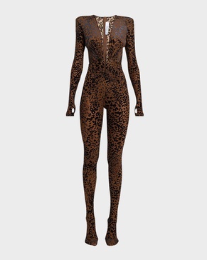 Ruched Plunging Long-Sleeve Leopard Burnout Catsuit