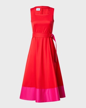 Cotton Poplin Colorblock Midi Dress with Belted Waist