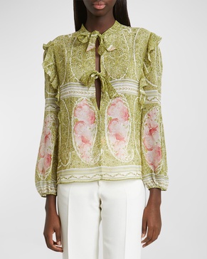 Paisley-Print Ruffle Long-Sleeve Silk Blouse