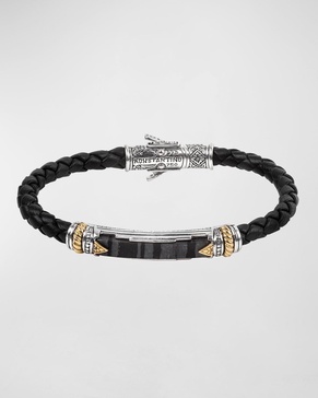 18K Gold/Silver Braided Leather Ferrite Bar Bracelet