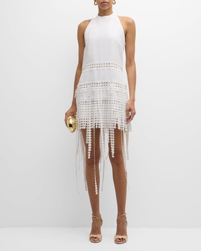 Althea Fringe Lace-Trim Halter Mini Dress