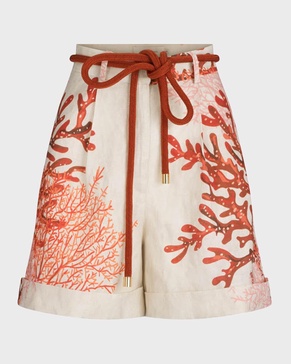 Bimba Printed Pleated Linen Bermuda Shorts With Rope Belt