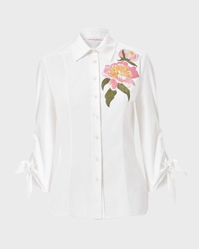 Floral Embroidered Tie-Sleeve Button-Down Shirt