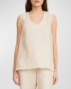 Debbia Sleeveless Fringe-Trim Tweed Top