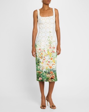 Agave Garden Square-Neck Sleeveless Midi Dress