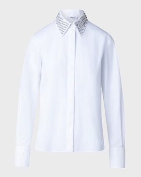 Cotton Poplin Button-Front Blouse with Detachable Crystal and Studs Collar