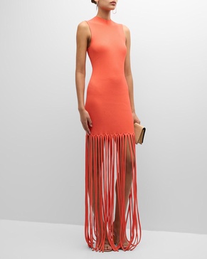 Sleeveless Crepe Matte Ribbed Fringe Maxi Dress