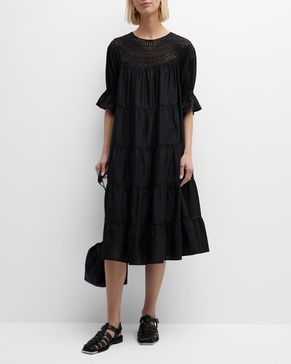 Paradis Tiered Lace-Trim Eyelet Midi Dress