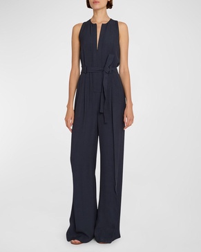 Camelia Sleeveless Belted Crepe Straight-Leg Jumpsuit