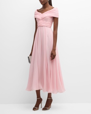 Pleated Off-The-Shoulder Silk Georgette Gown