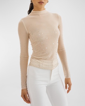 Nellis Rhinestone-Embellished Long-Sleeve Mesh Top