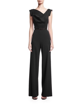 Jackie Cap-Sleeve Belted Wide-Leg Jumpsuit