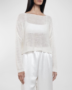 Linen Open-Knit Bateau-Neck Sweater