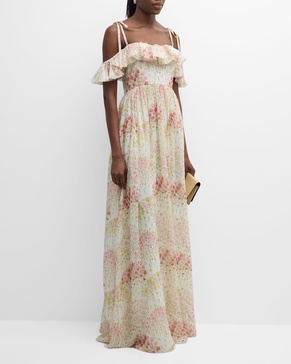 Floral-Print Ruffle Off-The-Shoulder Silk Georgette Gown