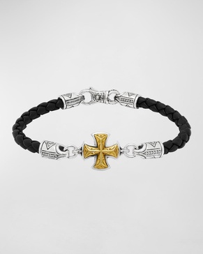 Men's Perseus Leather Bracelet with Silver/Bronze Cross, Size M