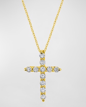 18K Gold 11-Stone Shared Prong Round Diamond Cross 16" Necklace, 1.50tcw