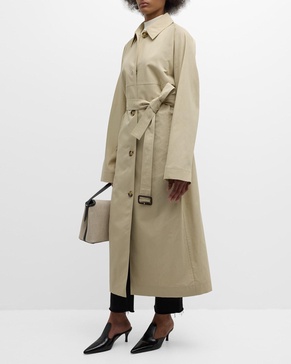 Tumbled Cotton-Silk Belted Long Trench Coat