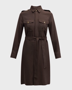 Marcia Long-Sleeve Belted Wool Shirtdress