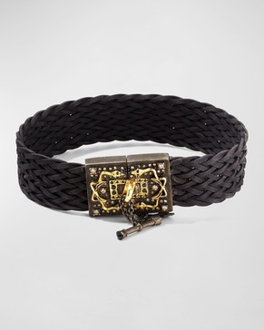 Men's Woven Leather Bracelet w/ Diamonds & Black Sapphires