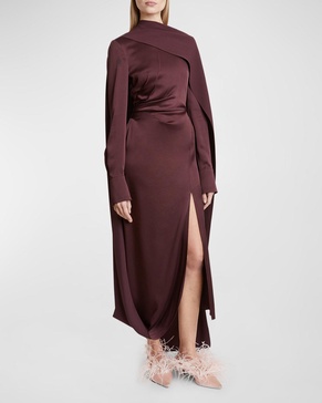 Long-Sleeve Draped Scarf Satin Maxi Dress