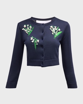 Floral Bead Embroidered 3/4-Sleeve Crop Cardigan