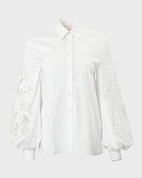 Embroidered Puff-Sleeve Button-Front Blouse