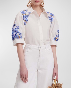 Heloise Puff-Sleeve Floral-Print Poplin Shirt