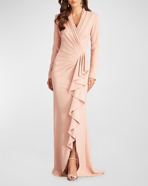 Pleated Long-Sleeve Ruffle Crepe Gown