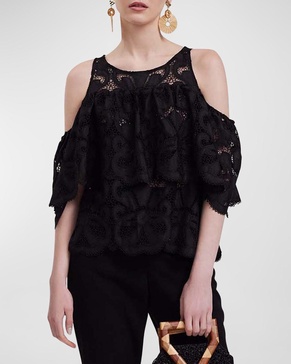 Monique Cold-Shoulder Ruffle Sheer Lace Blouse