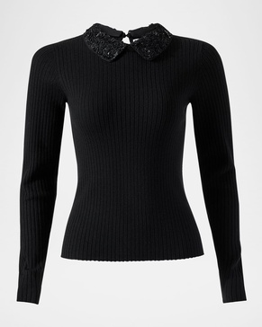 Removable Lace Collar Long-Sleeve Rib Sweater