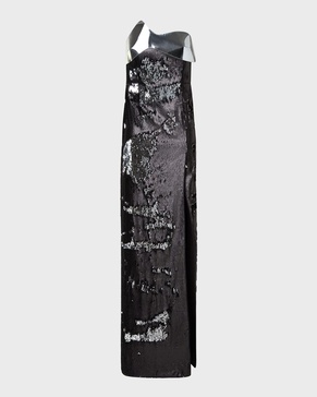 Leather-Wave Strapless Bicolor Sequined Slit Gown