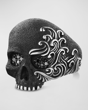 Men's Waves Skull Ring with Diamonds in Silver, 24mm