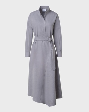 Half-Circle Inset Belted Long-Sleeve Midi Dress