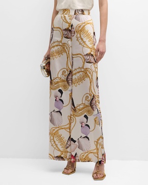 Virginia Shell-Print Wide-Leg Pants