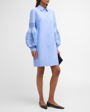 Lace-Inset Blouson-Sleeve Shirt Dress