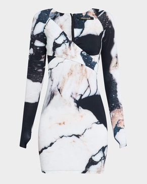 Marble-Print CrissCross Long-Sleeve Mini Dress