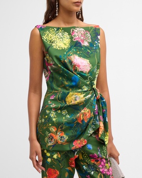 Floral-Print Boat-Neck Sleeveless Draped Top