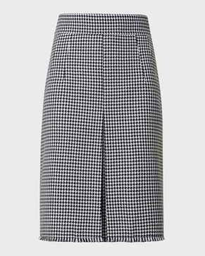 Front-Pleat Wool-Blend Houndstooth Fringed Skirt