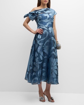 Evelyn One-Shoulder Metallic Brocade Midi Dress