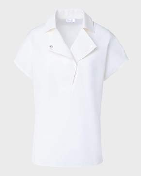 Biker Collar Short-Sleeve Cotton Poplin Stretch Blouse