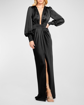 Madelane Blouson-Sleeve Deep V-Neck Gown