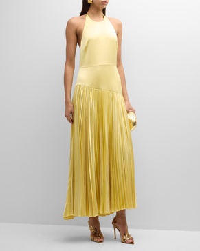 Saab Pleated Satin Backless Halter Dress