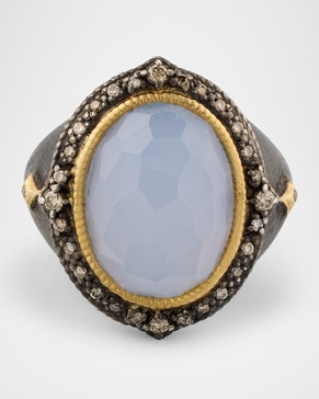 18K Yellow Gold and Antiqued Silver Diamond and Turkish Chalcedony Statement Ring