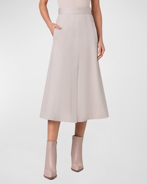 Cotton Denim Pleated Midi Skirt